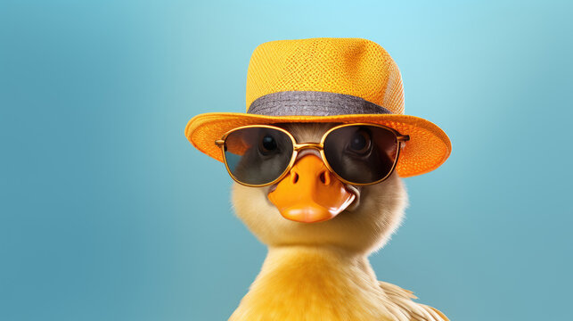 Duck in sunglasses, wearing yellow hat on pastel blue background
