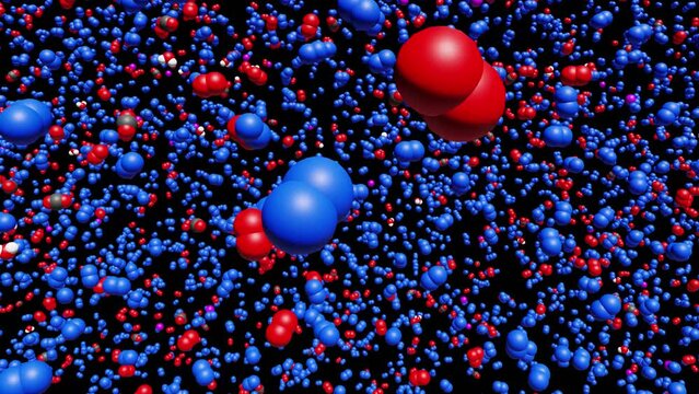 空気の分子の自由運動のイメージ(窒素、酸素、アルゴン、二酸化炭素、水)-低速