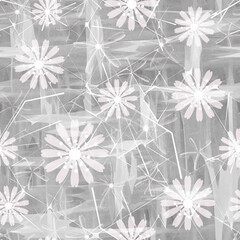 Seamless monochrome floral pattern. White flowers on a gray grunge background.