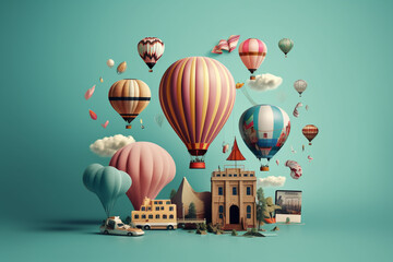 Vintage camera and colorful hot air balloons on yellow background. Travel concept - obrazy, fototapety, plakaty