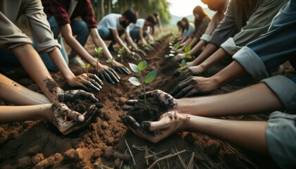 a group of determined individuals planting young saplings in an area previously deforested.