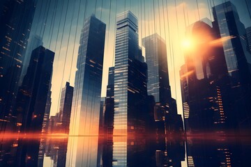Future Urban and Corporate Architecture: Real Estate Vision with Bokeh, Motion Blur, and Skyscraper Reflection. generative ai