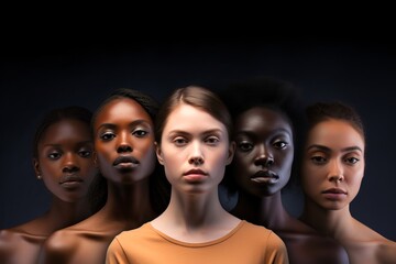 Obraz premium Beauty portrait of five smiling ladies with different skin colors