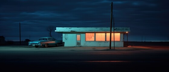 A car gas station in the middle of nowhere, an illuminated sign, created using Generative Ai technology.