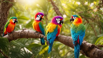 Cute funny tropical parrots on a branch, leaves,