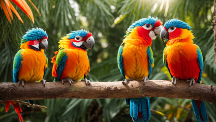 Cute funny tropical parrots on a branch, leaves,
