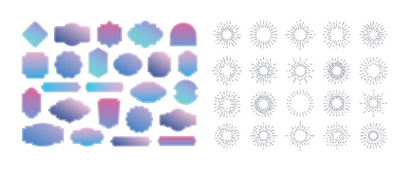 44 Frames and Sunburst elements set. Retro stickers, labels with trendy gradients. Sunburst, Sunbeam, Fireworks set. Tag, sticker, banner, sign, logo templates. Vector illustration