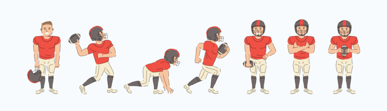 American Football character. American football players. Rugby, Football cartoon characters. Vector illustration