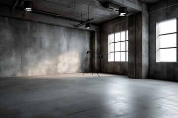 A vacant room with gray concrete walls suitable for a studio focused on technology. Generative AI