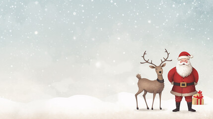 Cute Santa Claus with reindeer on minimalist background with copy space. Merry Christmas and Happy New Year. Christmas greeting card.
