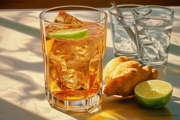 Glass, ginger ale, beverage, ice, illustration, realistic. Generative AI