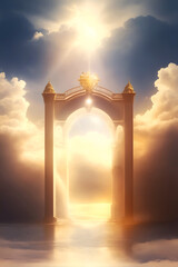 A shining golden gate in the sunlight, the entrance to the Kingdom of Heaven
