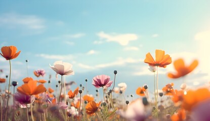 Obraz premium Vibrant Summer Flower Meadow: Nature Background with Copy Space and Bokeh Lights. generative ai 