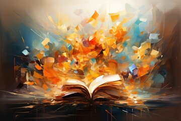 Opened book on the table in the library with light and sparks - Bible. Illustration, abstraction - obrazy, fototapety, plakaty