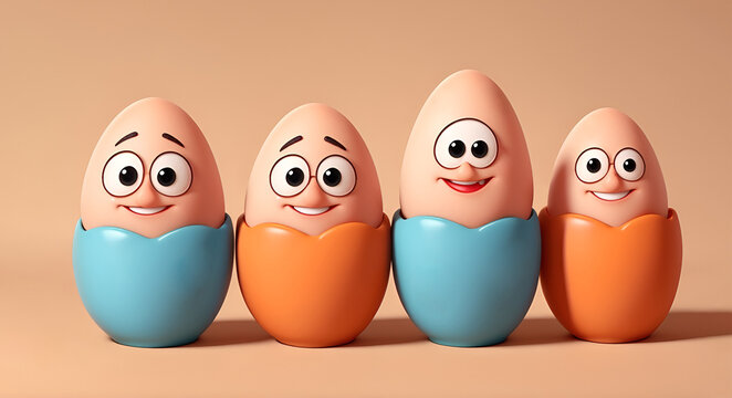 Funny eggs with smiles lined up in a row