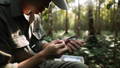 In a close-up photo, a wildlife biologist of Asian descent carefully holds a small bird, tagging its leg before its release into the wild. - obrazy, fototapety, plakaty