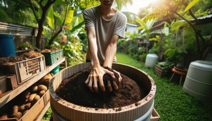 A wide close-up photo depicts a person of Asian descent engaged in the act of turning compost in a green backyard setting.