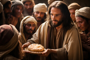 Jesus Christ gives people bread, a miracle of feeding people - obrazy, fototapety, plakaty