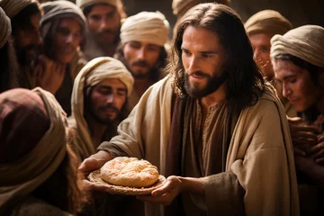 Foto op Canvas Jesus Christ gives people bread, a miracle of feeding people © Volodymyr