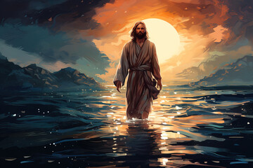 Jesus Christ walks on the water of the Sea of Galilee. Drawing in the style of oil painting - obrazy, fototapety, plakaty