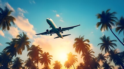 Sunset Flight Over Palm Trees: A Travel and Vacation Adventure by Airplane. generative ai - obrazy, fototapety, plakaty