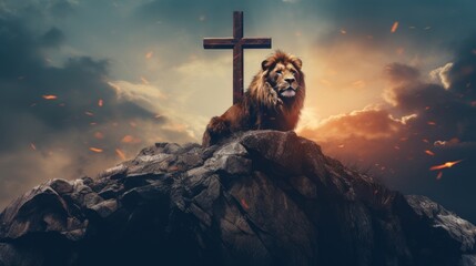 Lion sitting on top of a rock with a cross in the background - obrazy, fototapety, plakaty