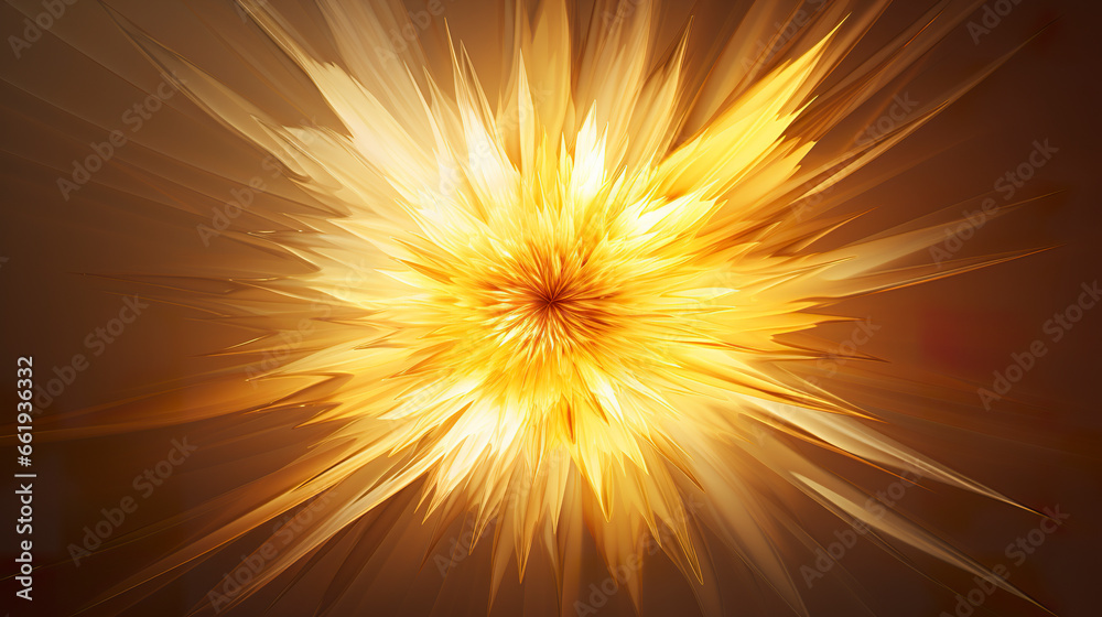 Wall mural digital illustration of solar flare in yellow abstract shape. 3d sunburst digital art in sharp focus