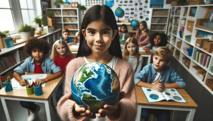 Close-up photo of a classroom where various children are learning about environmental science. A little girl is holding a globe