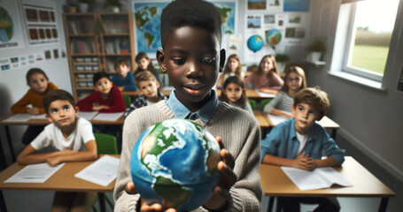 In a close-up shot within a classroom setting, a boy of African descent is seen holding a model of Earth - obrazy, fototapety, plakaty