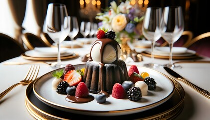 professional Photo of a dessert arrangement featuring a molten lava cake with a scoop of vanilla ice cream, drizzled with chocolate sauce