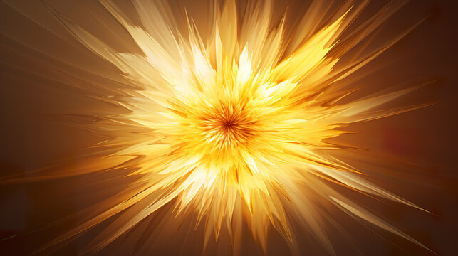 Digital illustration of solar flare in yellow abstract shape. 3D sunburst digital art in sharp focus and soft shadows. Yellow and bronze sun rays.