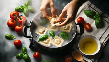professional Photo focusing on a pot of boiling water with steam rising, and a chef gently placing fresh ravioli into it