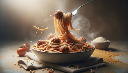 professional Photo of a bowl of spaghetti being twirled, capturing the strands of pasta, chunks of meatballs - obrazy, fototapety, plakaty