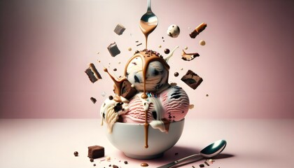 professional Photo Surrealistic high-speed photography of a scoop of ice cream landing in a bowl. Dollops of chocolate sauce, chunks of brownie, and sprinkles 