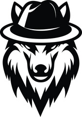 Wolf wearing a hat symbol logo template vector illustration, the gray wolf wearing a detective hat silhouette stock vector image