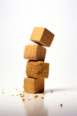 Stack of three blocks of food with white background.