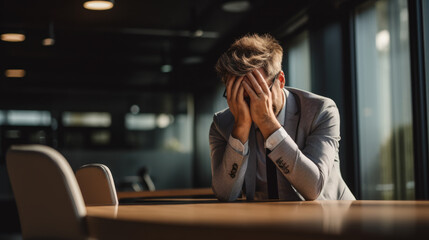 Businessman in depression sitting in his work office holding his head with his hand, suffering from overwork, stress or job loss - obrazy, fototapety, plakaty