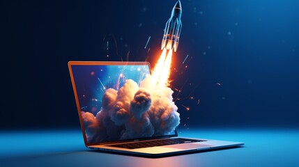 Rocket Flying Out of Laptop Screen. - obrazy, fototapety, plakaty
