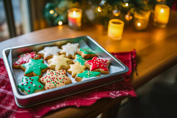 Obraz na płótnie Canvas Full tray of decorated christmas cookies, with a cosy christmas background