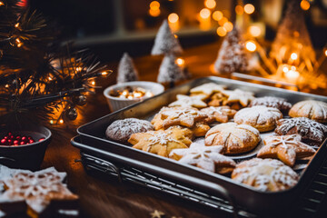 Full tray of decorated christmas cookies, with a cosy christmas background