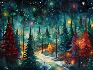 Magic forest. Christmas trees and lights.