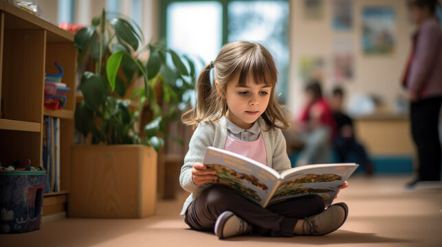 A little girl preschooler reading a book sitting at her desk in the classroom