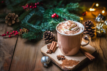 Beautiful decorated mug of hot chocolate and marshmallow and cinnamon