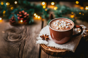 Beautiful decorated mug of hot chocolate and marshmallow and cinnamon