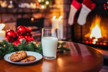 Cookies and milk glass ready for Santa CLaus over a cosy interior background
