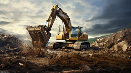 Excavator working on a construction site - obrazy, fototapety, plakaty