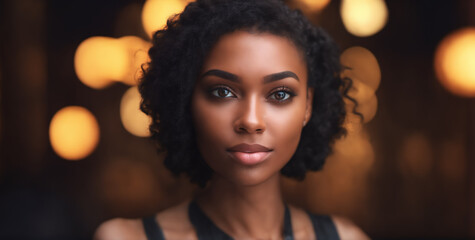 Fototapeta premium Confident African-American Beauty Influencer in City Nightlife, Golden Bokeh Background, Makeup Artistry, Glamour.