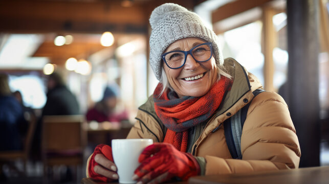 Happy Senior Woman Drinks A Hot Drink At A Skier's Cafe At The Top Of A Mountain.