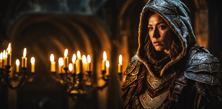 Portrait of a woman Ranger in a dark dungeon, wearing hooded and fur-lined shiny armor with a backpack. Perfect for fantasy, medieval, and cosplay themes..