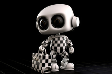 Robot with checkered tablecloth isolated on a black background